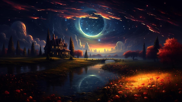 pintura de um castelo em um campo com um rio e uma lua cheia generativa ai