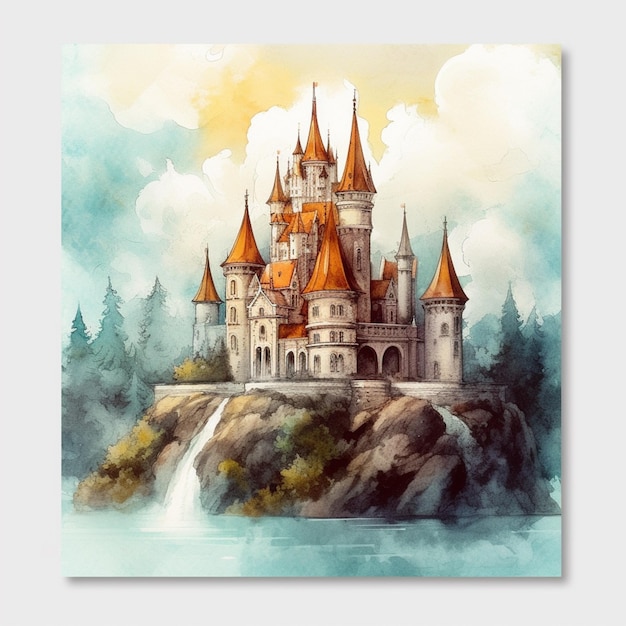 pintura de um castelo em um penhasco com uma cachoeira em primeiro plano