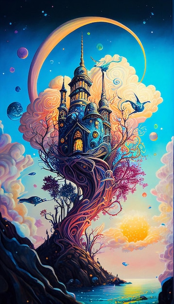 pintura de um castelo em uma árvore com uma lua no céu generativo ai