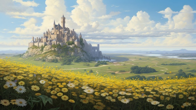 Pintura de um castelo em uma colina com um campo