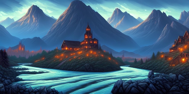 pintura de um castelo nas montanhas
