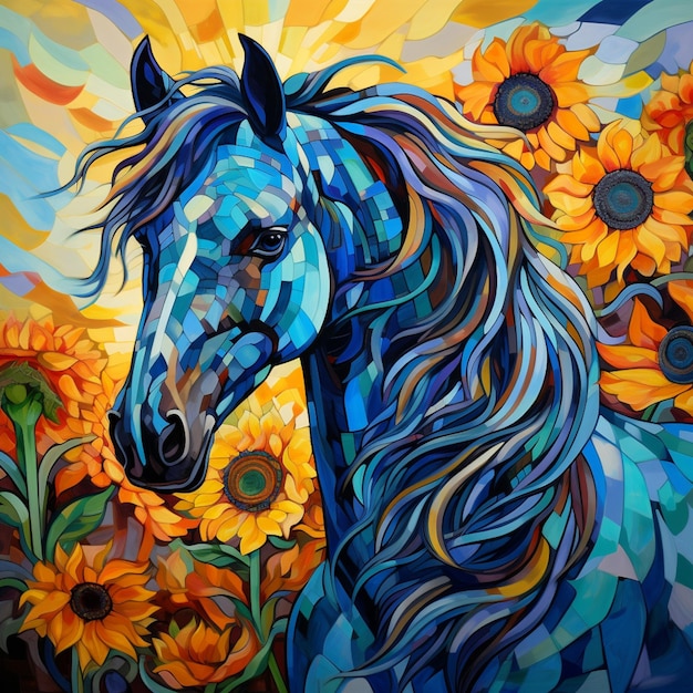 pintura de um cavalo com uma crina azul e girassóis generativo ai