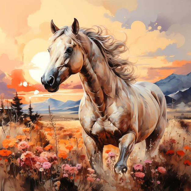 pintura de um cavalo correndo em um campo de flores ao pôr-do-sol generativo ai