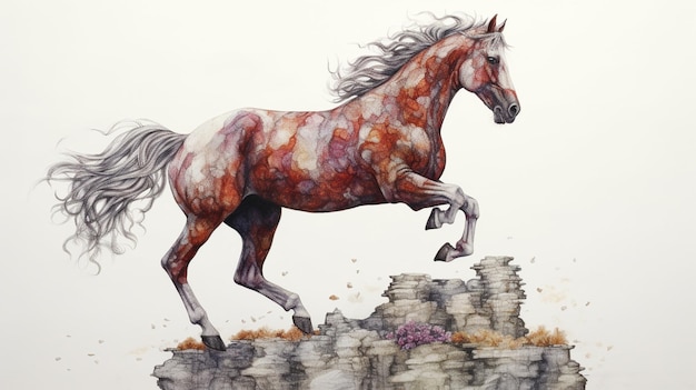 Pintura de um cavalo correndo em um penhasco rochoso com um fundo do céu generativo ai