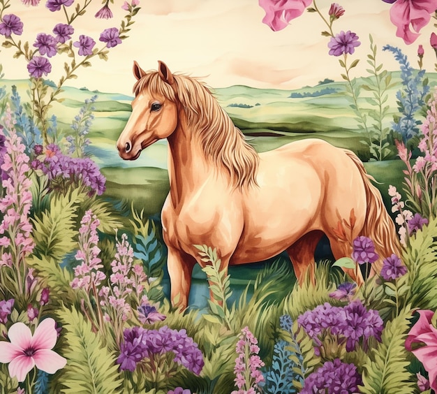 pintura de um cavalo em um campo de flores com um fundo de céu generativo ai