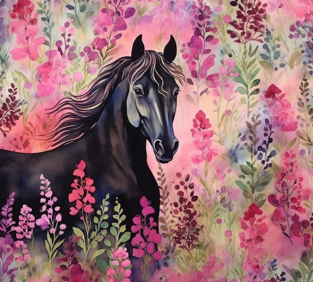 pintura de um cavalo em um campo de flores com um fundo rosa generativo ai