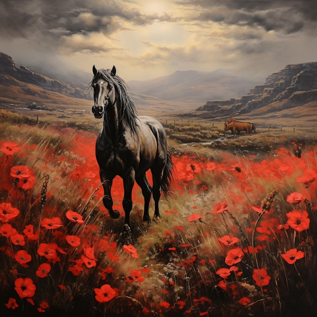 pintura de um cavalo em um campo de flores vermelhas generativo ai