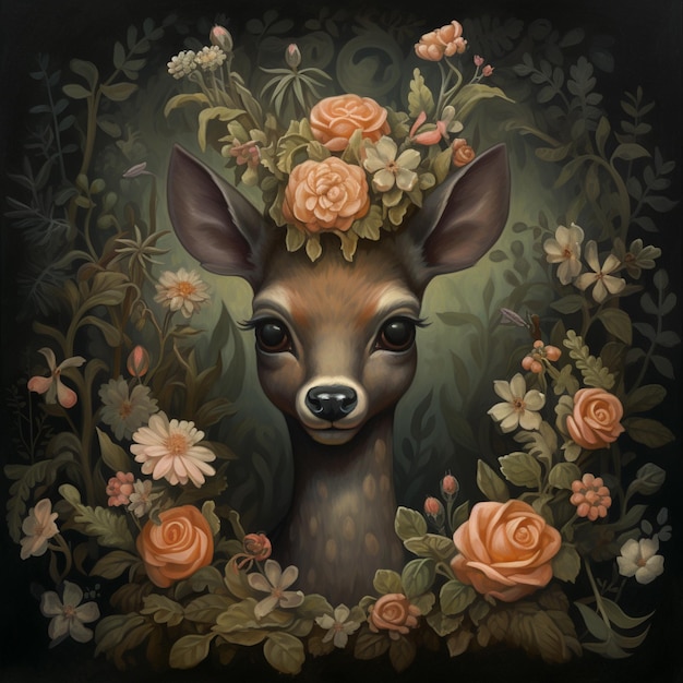Foto pintura de um cervo com flores na cabeça em uma moldura floral ai generativa