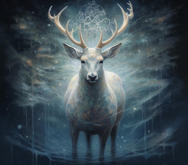 pintura de um cervo com um grande chifre de pé em uma sala escura