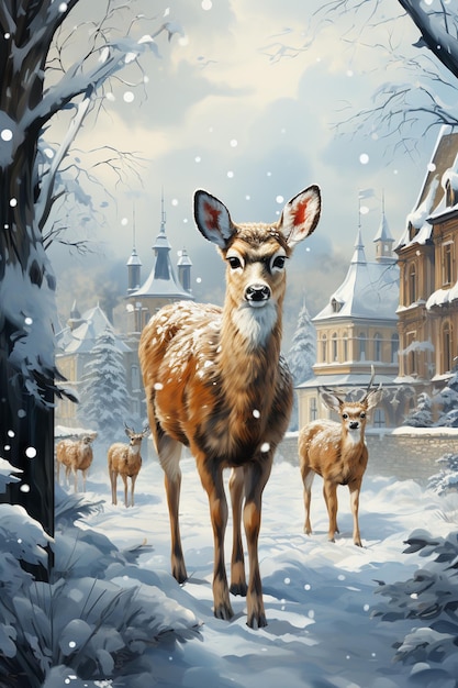 pintura de um cervo e seu cervo em uma paisagem nevada generativa ai