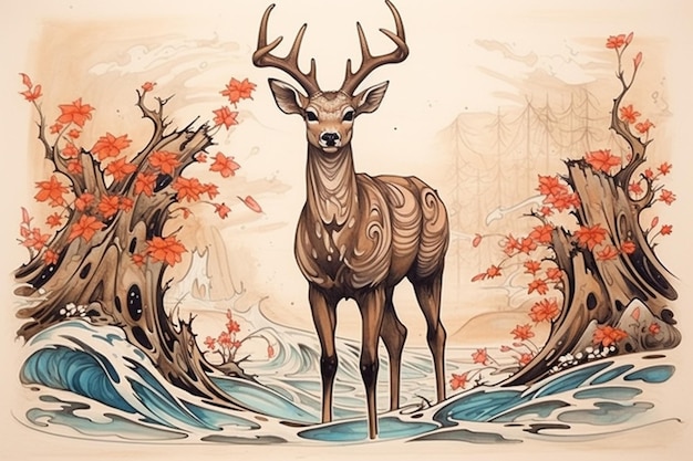 Pintura de um cervo em pé em um rio com árvores e água generativa ai