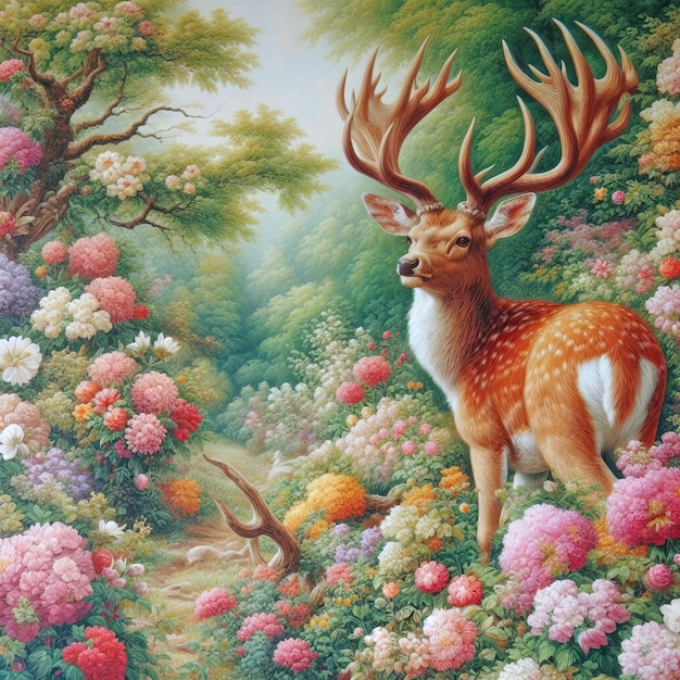 Pintura de um cervo em um campo de flores com um pássaro nas proximidades