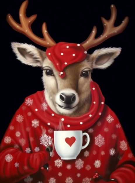 pintura de um cervo vestindo um suéter vermelho e um chapéu vermelho segurando uma chávena de café