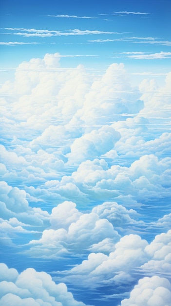 pintura de um céu azul com nuvens e um avião voando no céu ai generativo