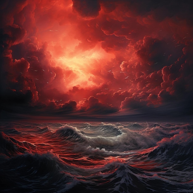 pintura de um céu vermelho sobre um oceano tempestuoso com um barco na água geradora de IA