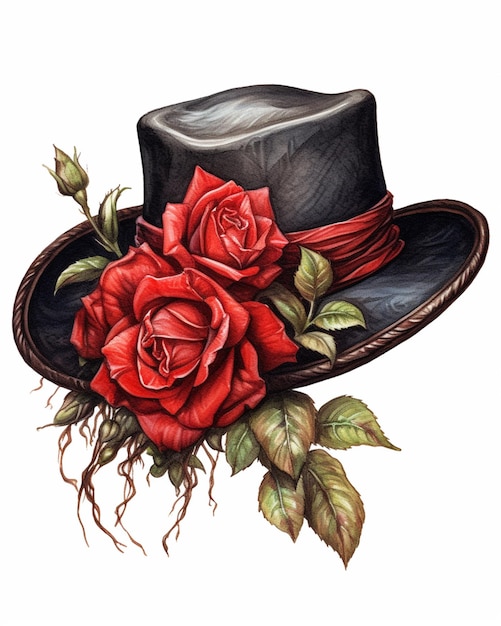Pintura de um chapéu com rosas e folhas nele generativo ai