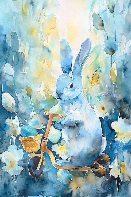pintura de um coelho andando de bicicleta com uma cesta de flores
