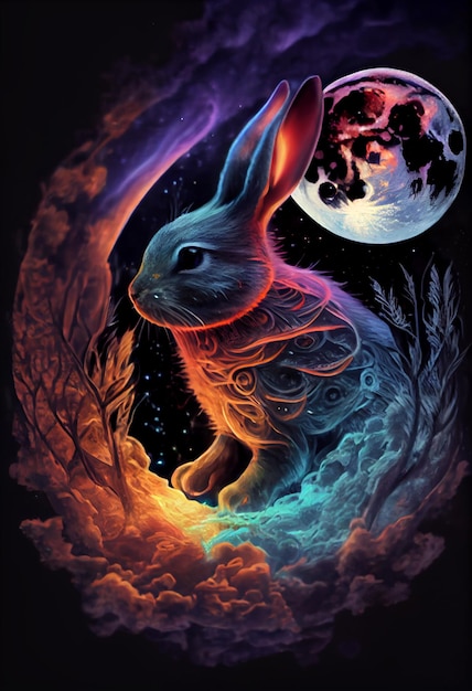 pintura de um coelho com lua cheia ao fundo ai generativa