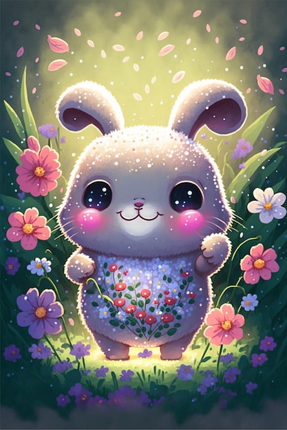 Pintura de um coelho em um campo de flores generativo ai