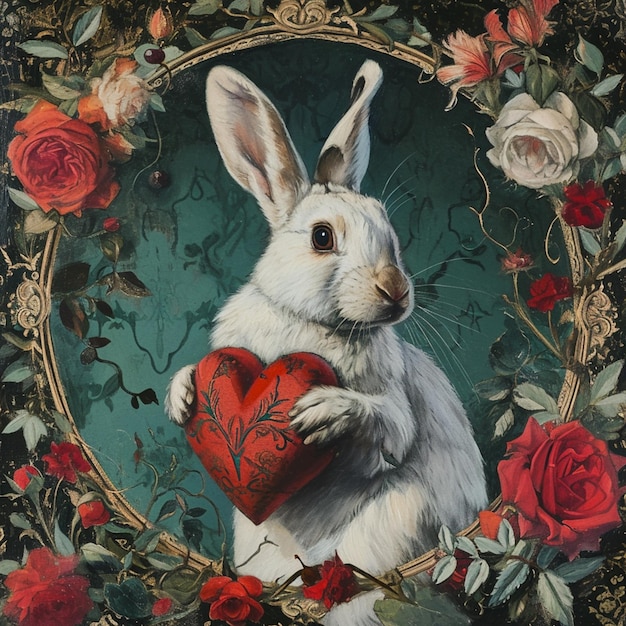 pintura de um coelho segurando um coração em uma moldura com rosas generativo ai