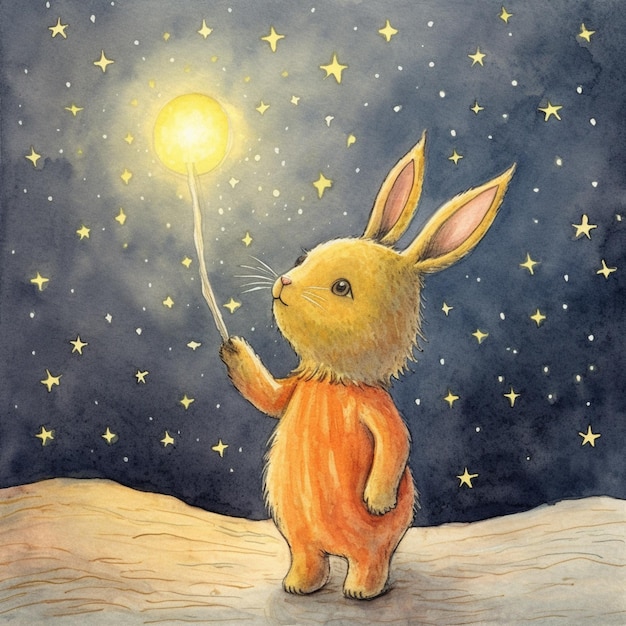 pintura de um coelho segurando uma estrela no céu generativo ai