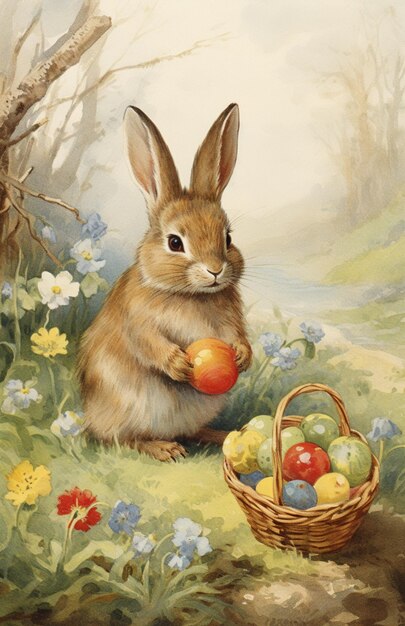 pintura de um coelho segurando uma maçã em uma cesta com flores generativa ai