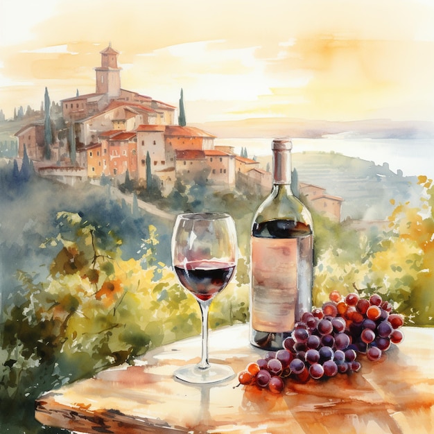 pintura de um copo de vinho e uma garrafa de vinho em uma mesa generativa ai