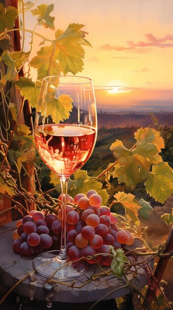 Pintura de um copo de vinho e uvas em uma mesa generativa ai