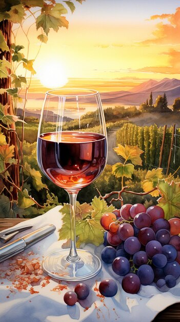 Pintura de um copo de vinho e uvas em uma mesa generativa ai