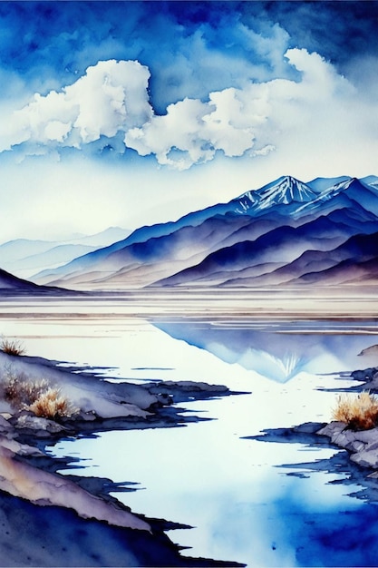 Pintura de um corpo de água com montanhas ao fundo generative ai