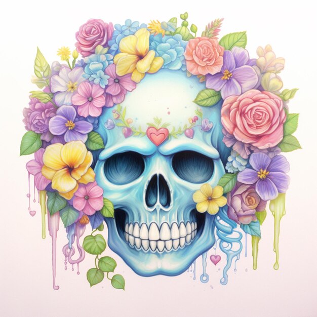 pintura de um crânio com flores e corações sobre ele generativo ai