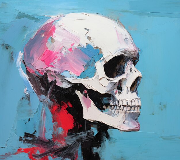 Foto pintura de um crânio com um chapéu rosa em um fundo azul