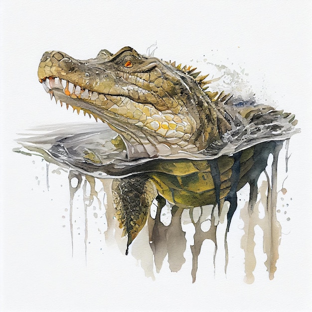 Pintura de um crocodilo na água com a boca aberta e os dentes para fora generative ai