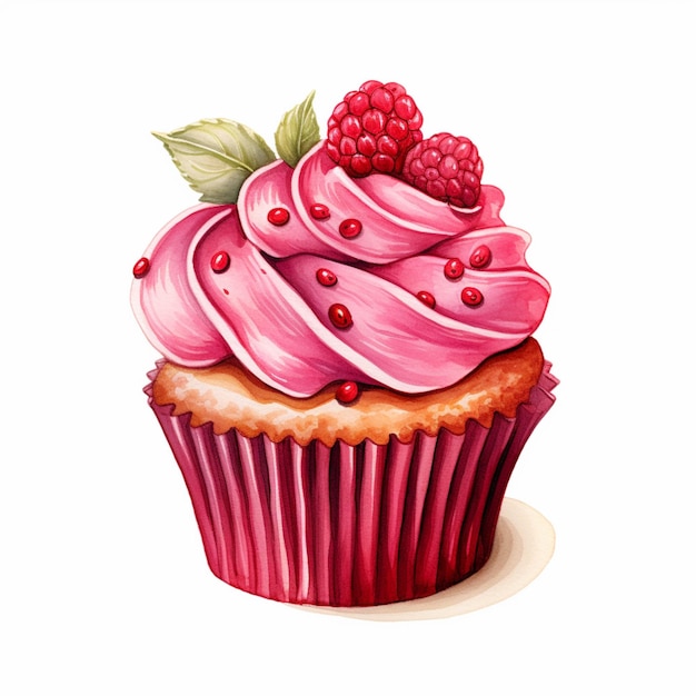 Pintura de um cupcake com cobertura de framboesa e uma folha generativa ai