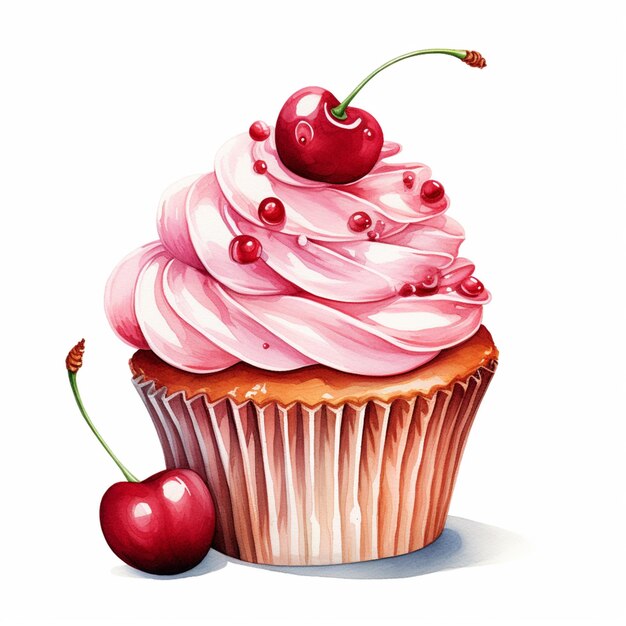 pintura de um cupcake com cobertura rosa e uma cereja em cima ai generativa