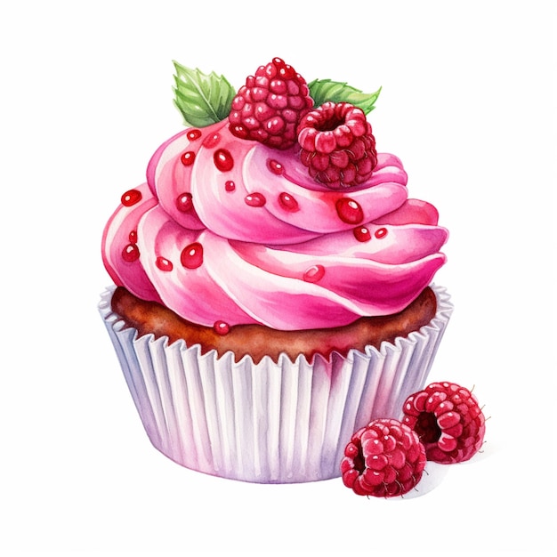 pintura de um cupcake com framboesas e creme por cima ai generativa