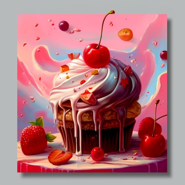 pintura de um cupcake com glacê e cerejas em uma mesa generativa ai