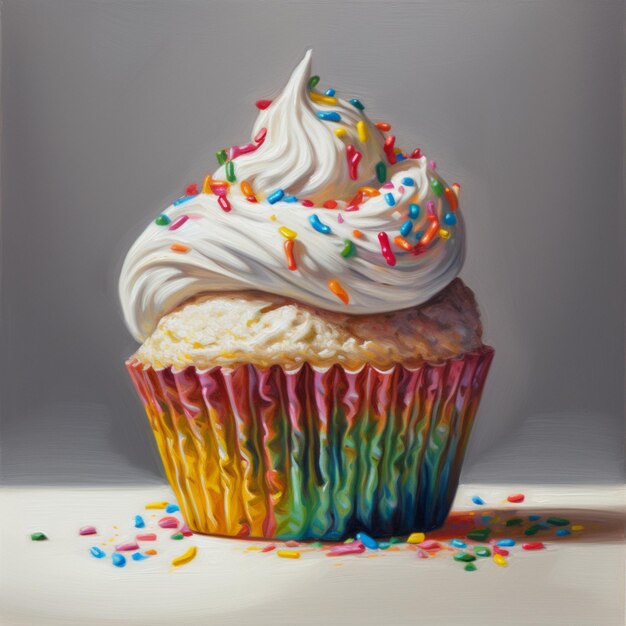 Pintura de um cupcake com salpicaduras e uma cobertura gerativa de cor arco-íris