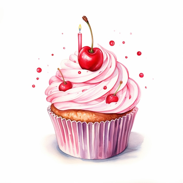 pintura de um cupcake com uma cereja em cima e uma vela generativa ai