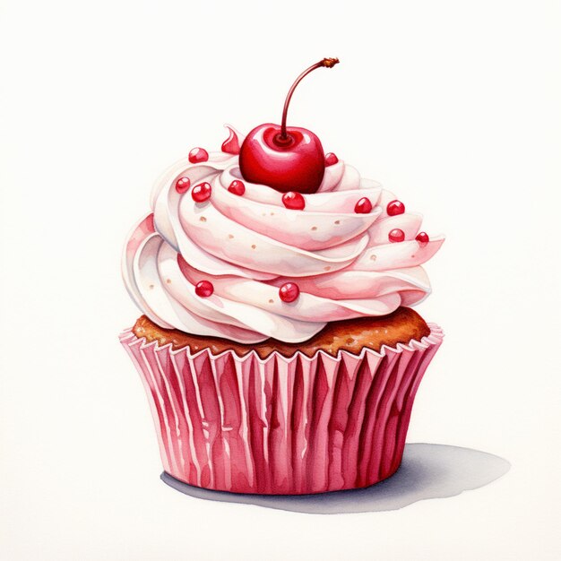 pintura de um cupcake com uma cereja em cima generativa ai