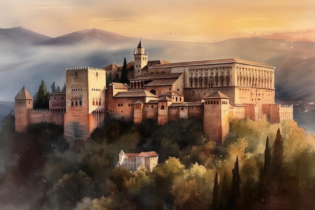 Pintura de um desenho em aquarela da Alhambra em Granada