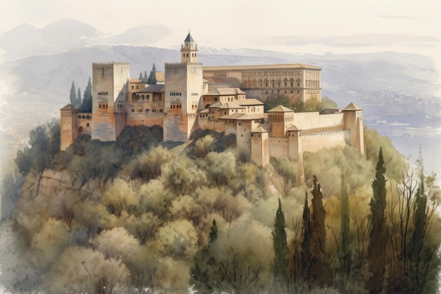 Pintura de um desenho em aquarela da Alhambra em Granada