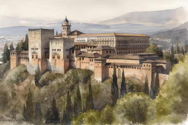 Pintura de um desenho em aquarela da Alhambra em Granada