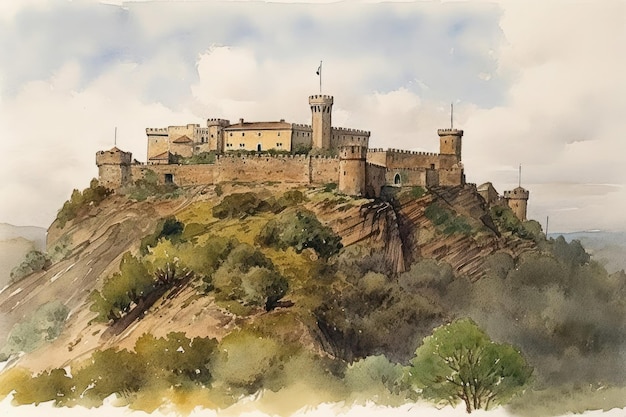 Pintura de um desenho em aquarela do Castelo de Cardona em Barcelona