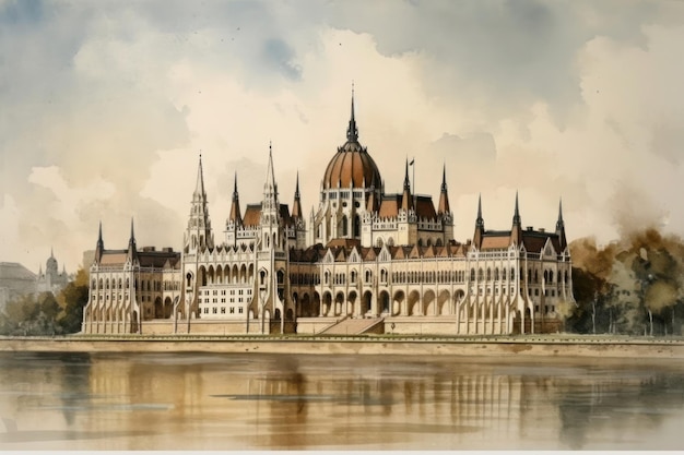 Pintura de um desenho em aquarela do parlamento de budapeste