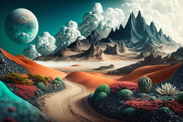 Pintura de um deserto com montanhas ao fundo generative ai