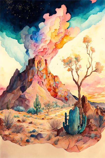 Pintura de um deserto com uma montanha ao fundo generative ai