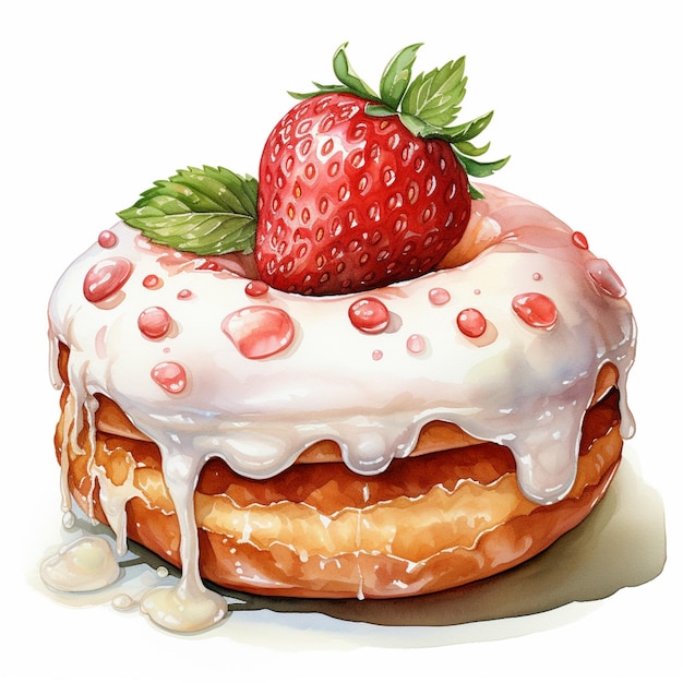 pintura de um donut coberto de morango com glacê e um morango por cima ai generativo