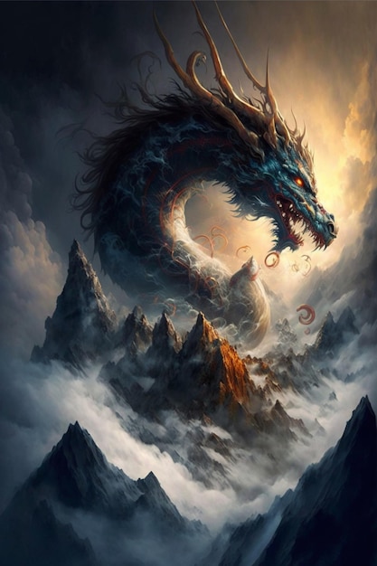 Pintura de um dragão no topo de uma montanha generativa ai