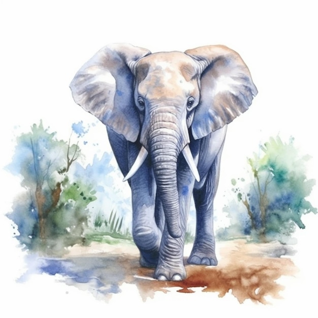 Foto pintura de um elefante andando na selva com árvores ao fundo generative ai